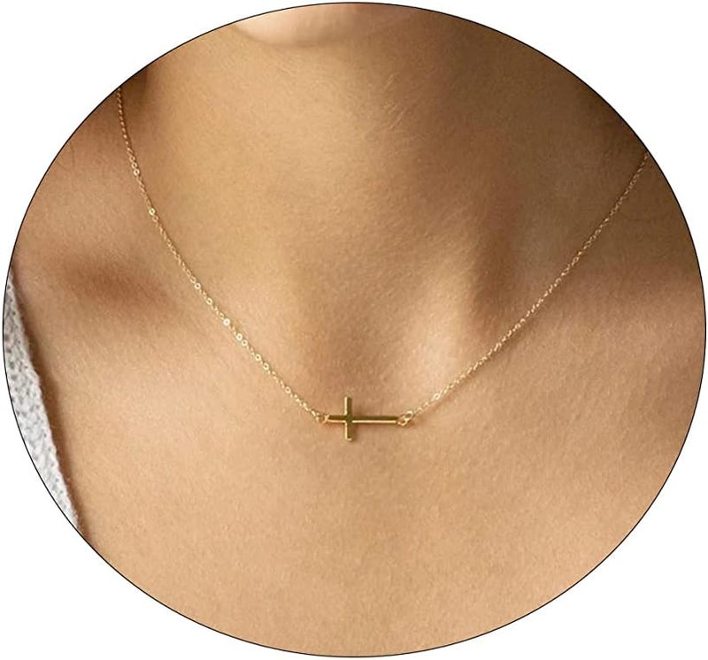 VIROMY Gold Cross Necklace for Women 14K Gold Plated Cute Sidways Cross Pendant Choker Necklaces Simple Trendy Everyday Jewelry for Women - Image 1